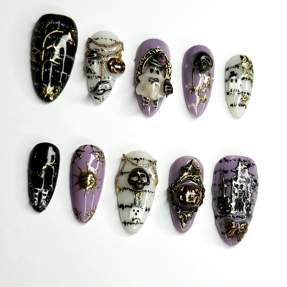 Gothic Halloween Press On Nails with 3D Charms | Purple Black Skull Ghost Fake Nails | Handmade Spooky Nails for Halloween Party| OB682LT