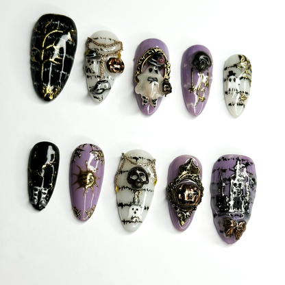 Gothic Halloween Press On Nails with 3D Charms | Purple Black Skull Ghost Fake Nails | Handmade Spooky Nails for Halloween Party| OB682LT