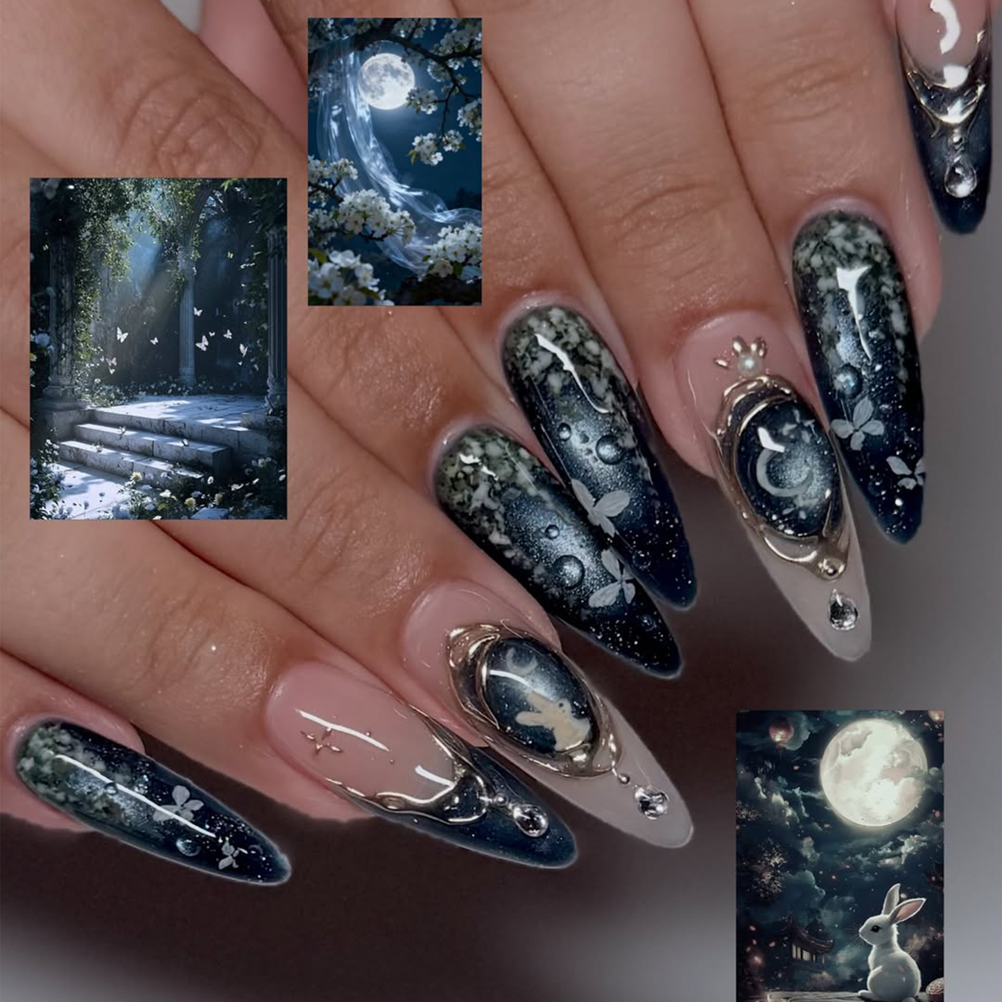 Celestial Press On Nails • Butterfly Gift for Her • Navy Blue Moon Butterfly Gold Frame Handmade Fake Nails Night Sky Set Deluxe | OB429LC