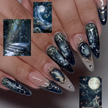 Celestial Press On Nails • Butterfly Gift for Her • Navy Blue Moon Butterfly Gold Frame Handmade Fake Nails Night Sky Set Deluxe | OB429LC