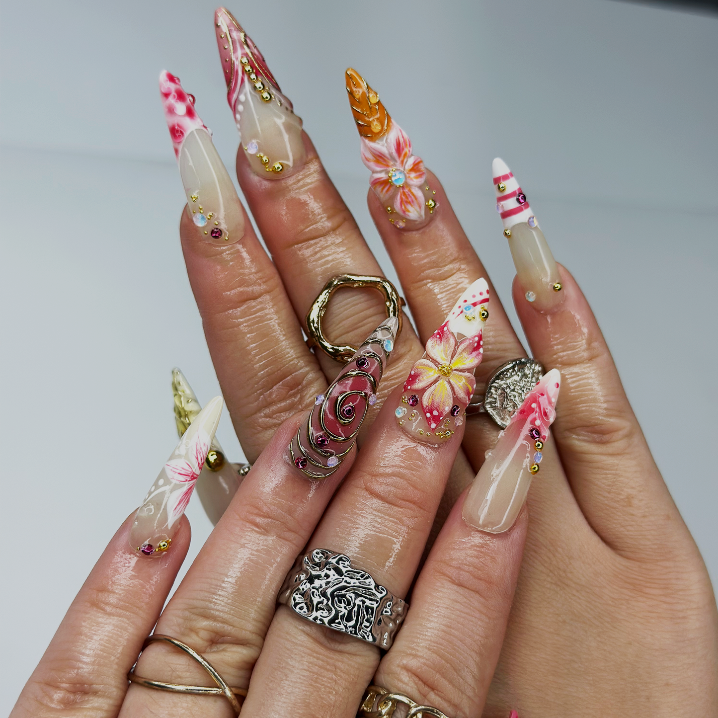 Summer 3D Press On Nails | Luxury Tropical Stiletto Nails | | Premium Beach Vacation Birthday Nails Gift | JB397LK
