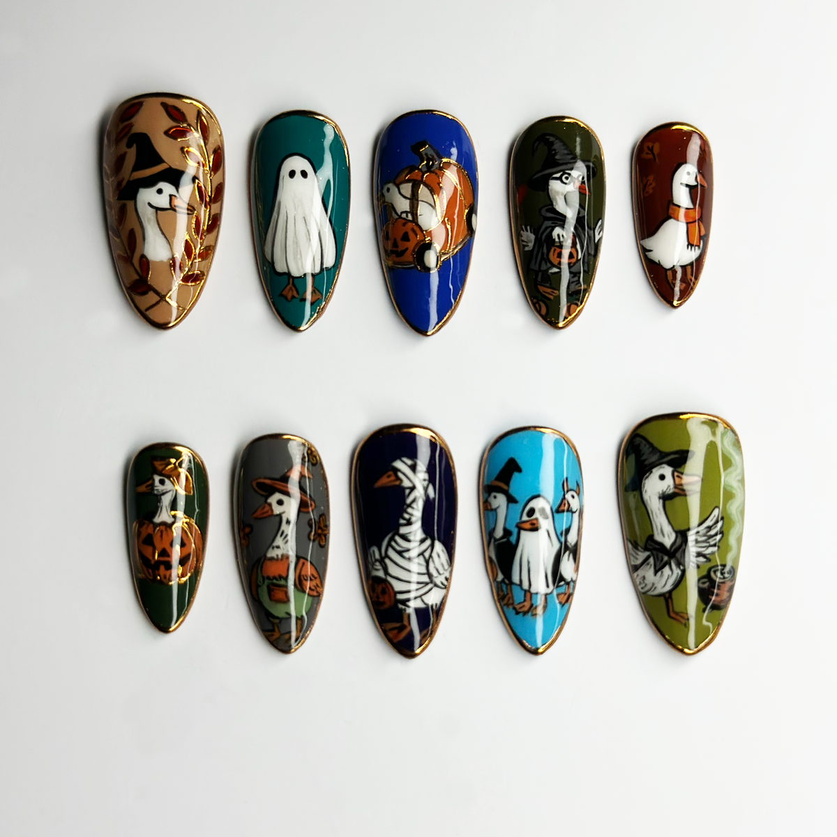 Cute Halloween Goose Press On Nails, Ghost Witch Pumpkin Nails, Funny Spooky Nails, Hand Painted Fall Nail Art, Halloween Gift OB684LT
