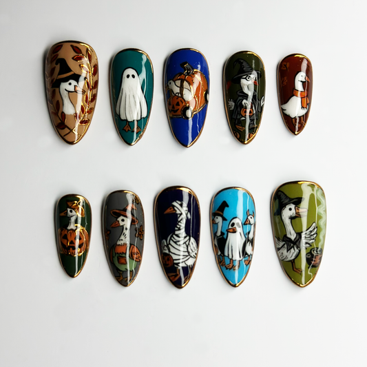 Cute Halloween Goose Press On Nails, Ghost Witch Pumpkin Nails, Funny Spooky Nails, Hand Painted Fall Nail Art, Halloween Gift OB684LT
