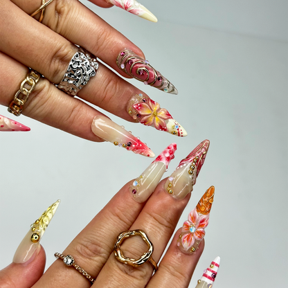 Summer 3D Press On Nails | Luxury Tropical Stiletto Nails | | Premium Beach Vacation Birthday Nails Gift | JB397LK