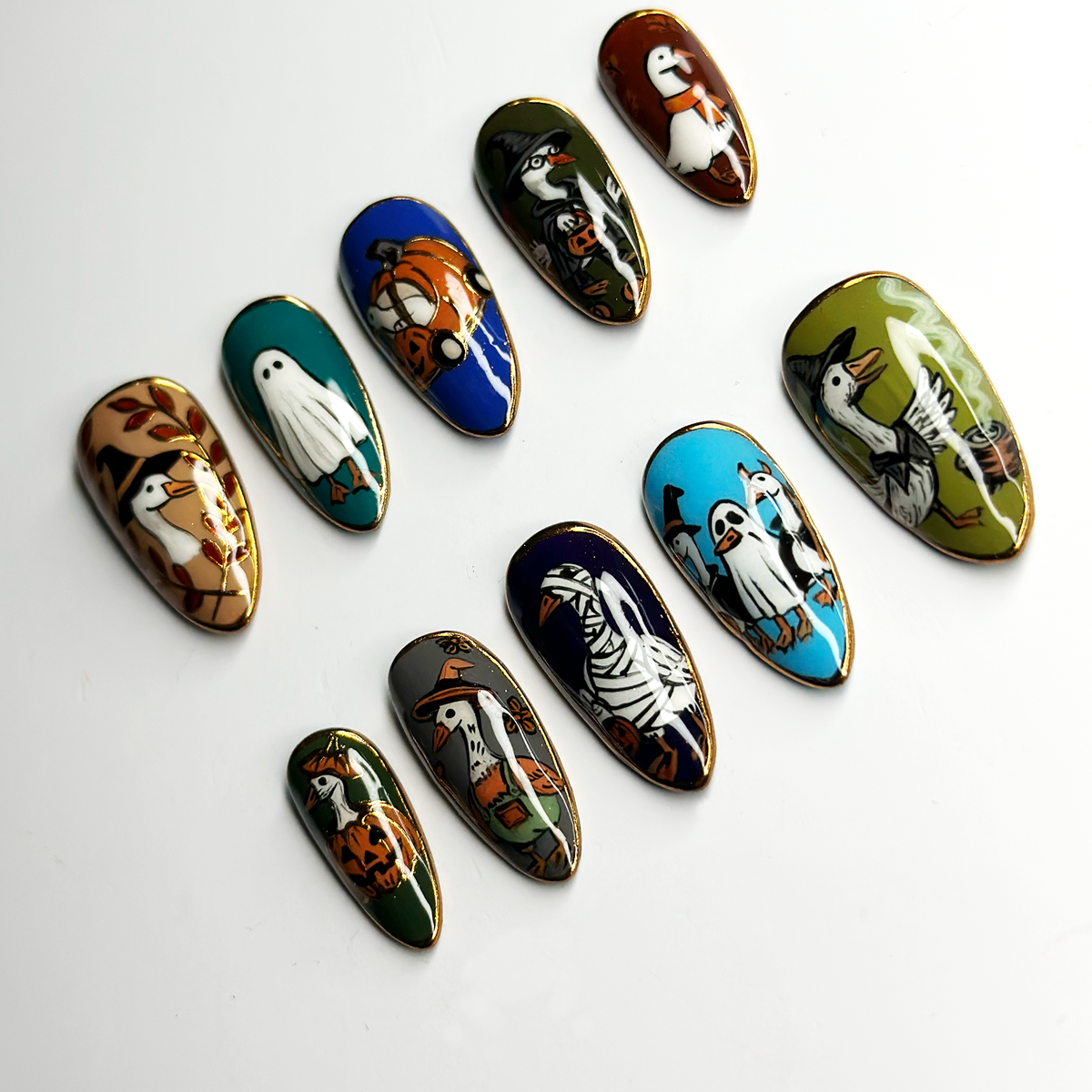 Cute Halloween Goose Press On Nails, Ghost Witch Pumpkin Nails, Funny Spooky Nails, Hand Painted Fall Nail Art, Halloween Gift OB684LT