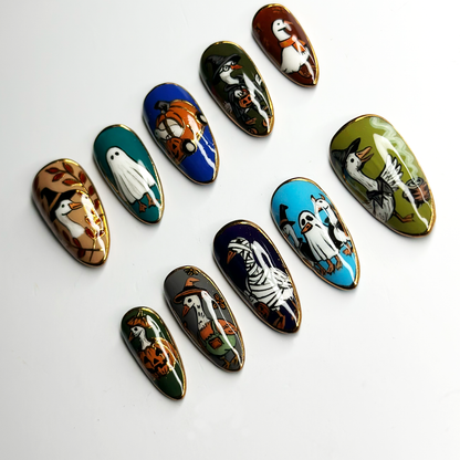 Cute Halloween Goose Press On Nails, Ghost Witch Pumpkin Nails, Funny Spooky Nails, Hand Painted Fall Nail Art, Halloween Gift OB684LT