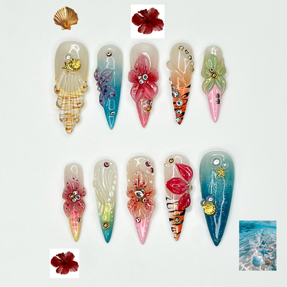 Spring Blossom Fantasy Press On Nails | Colorful Floral Spring Nails | Pastel Garden Stiletto Nails | Fresh Spring Bloom Art Nails | OB1011EC
