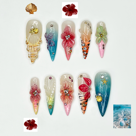 Spring Blossom Fantasy Press On Nails | Colorful Floral Spring Nails | Pastel Garden Stiletto Nails | Fresh Spring Bloom Art Nails |DB1011EC