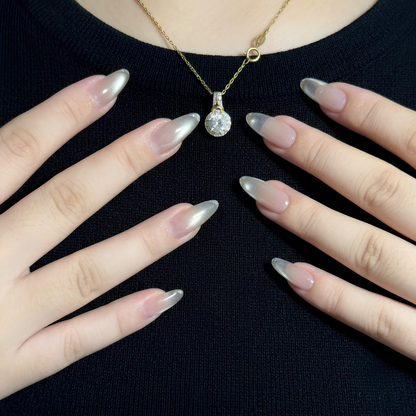 Velvet Cat Eye Press On Nails with Silver Pearl Ombre | Magnetic Fake Nails in Almond Shape | Handmade Nail Art for Wedding| OB1391UC