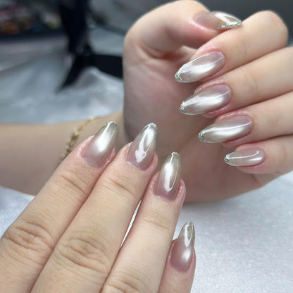 Velvet Cat Eye Press On Nails with Silver Pearl Ombre | Magnetic Fake Nails in Almond Shape | Handmade Nail Art for Wedding| OB1391UC