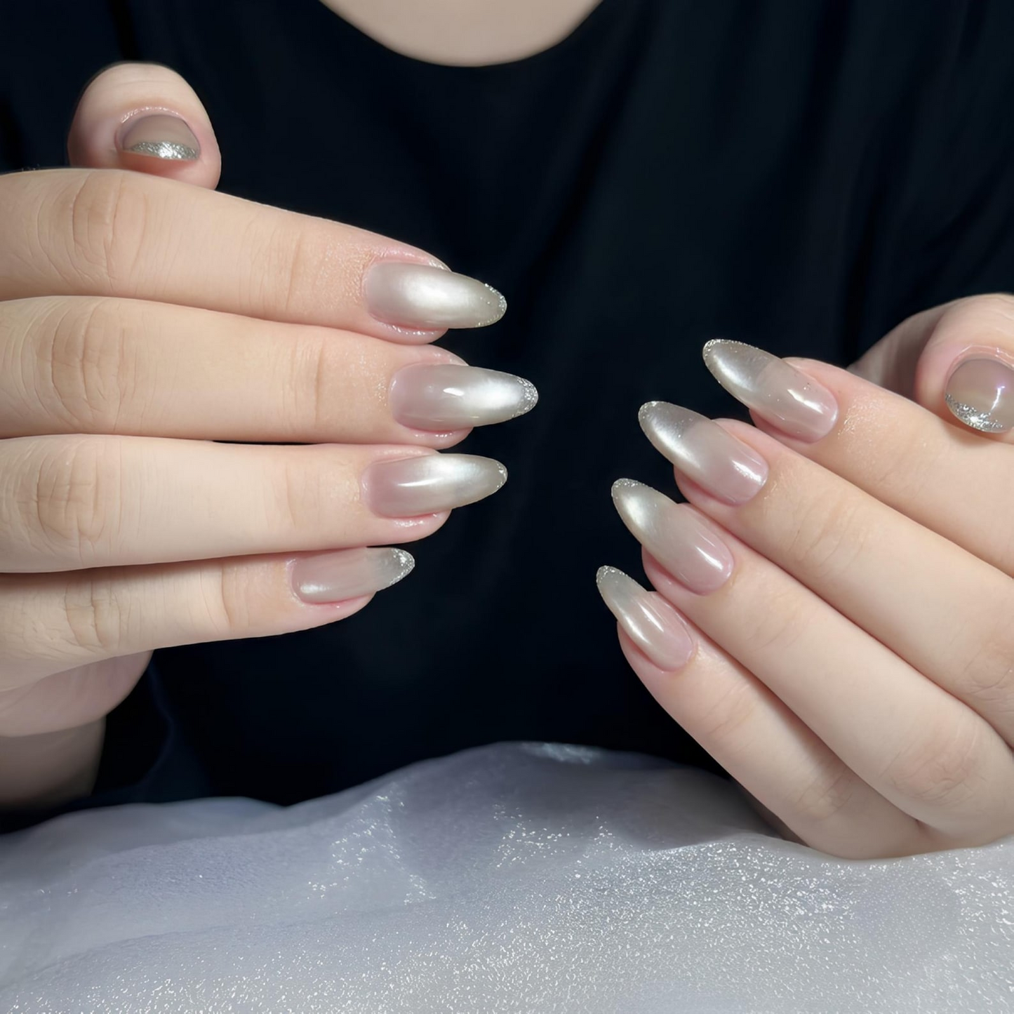 Velvet Cat Eye Press On Nails with Silver Pearl Ombre | Magnetic Fake Nails in Almond Shape | Handmade Nail Art for Wedding| OB1391UC