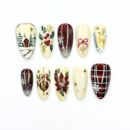 Vintage Christmas Press On Nails | Burgundy Plaid and Poinsettia Floral Art | Gold Reindeer Snowflake Details | Long Almond Nails | OB719UT