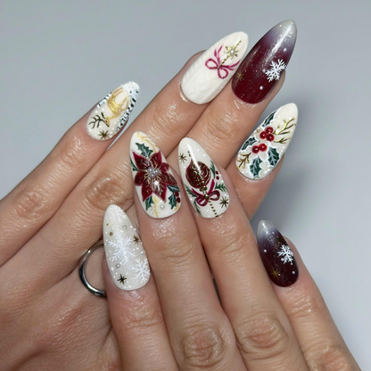 Vintage Christmas Press On Nails | Burgundy Plaid and Poinsettia Floral Art | Gold Reindeer Snowflake Details | Long Almond Nails | OB719UT