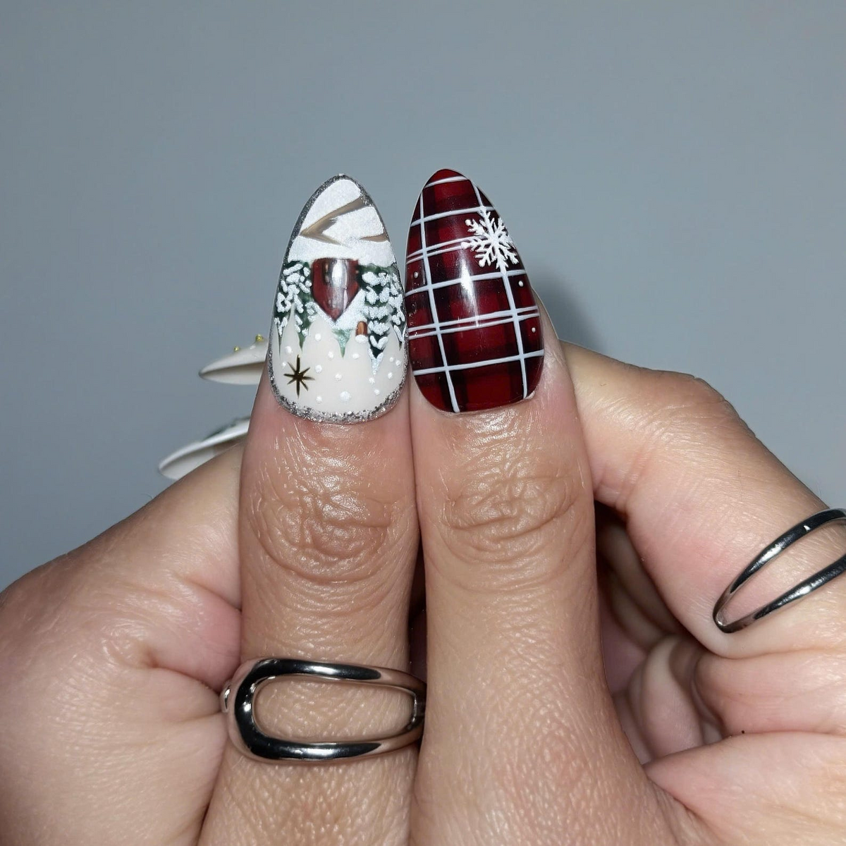 Vintage Christmas Press On Nails | Burgundy Plaid and Poinsettia Floral Art | Gold Reindeer Snowflake Details | Long Almond Nails | OB719UT