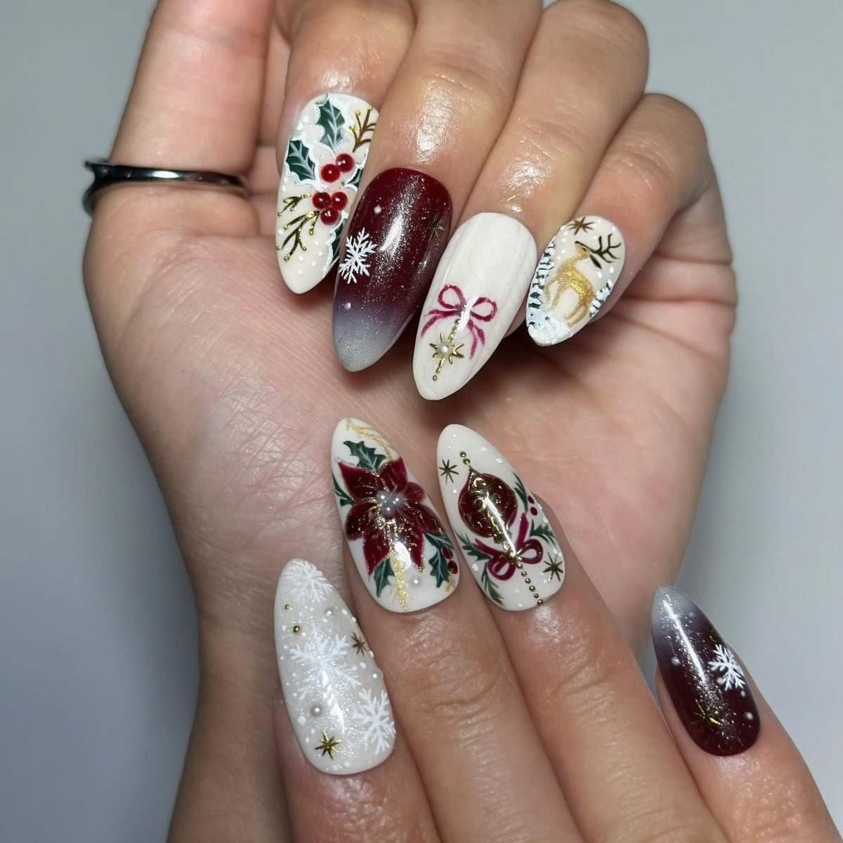 Vintage Christmas Press On Nails | Burgundy Plaid and Poinsettia Floral Art | Gold Reindeer Snowflake Details | Long Almond Nails | OB719UT