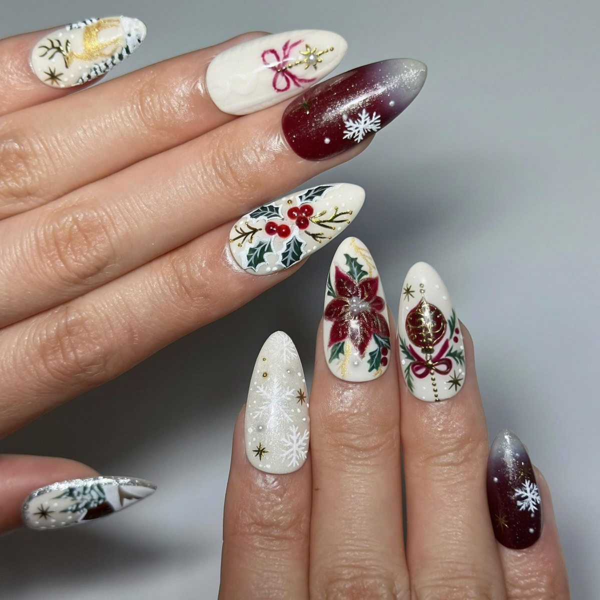Vintage Christmas Press On Nails | Burgundy Plaid and Poinsettia Floral Art | Gold Reindeer Snowflake Details | Long Almond Nails | OB719UT