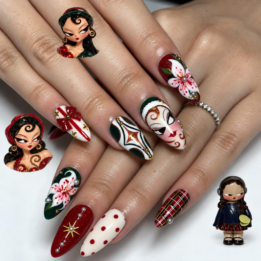 Vintage Doll Press On Nails, Christmas Red Green Nail Art, 3D Bow Floral Nails, Retro Plaid Polka Dot Long Almond Fake Nails | OB1490XC