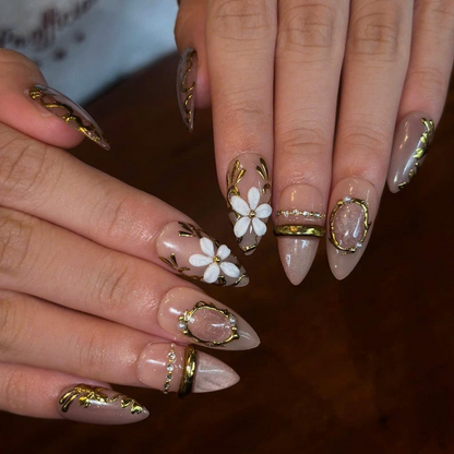 Vintage Floral Press On Nails with 3D Flower | Antique Gold Jewelry Nail Art | Elegant Nude Handmade Nails | OB519UA