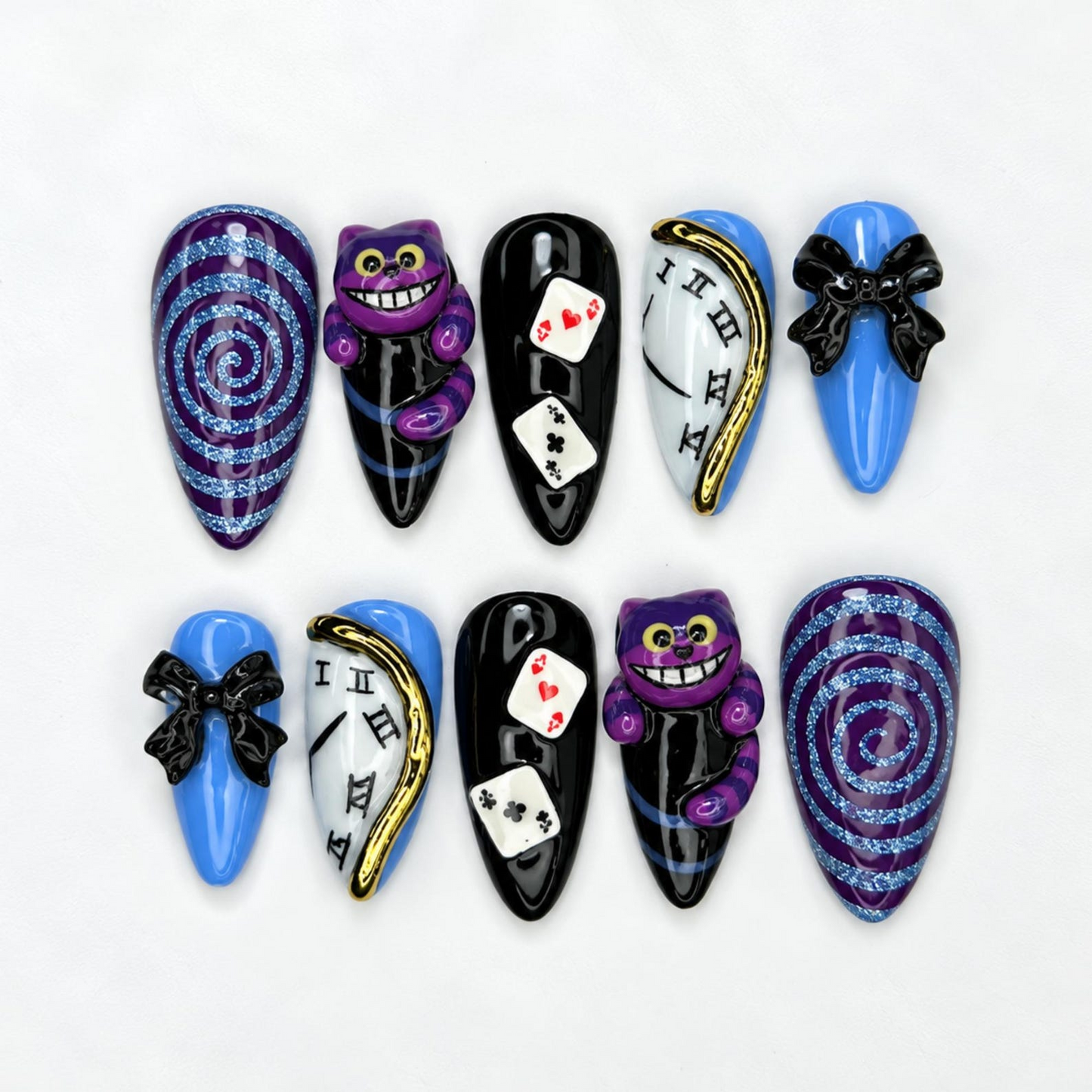 Wonderland Press On Nails with Purple Cat Art , Playing Card & Clock Nails , Whimsical Fantasy Nail Set| OB538WA