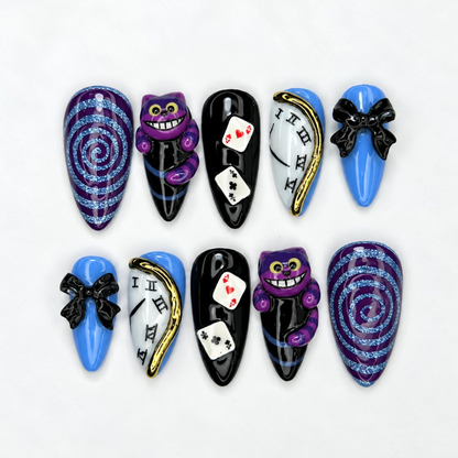 Wonderland Press On Nails with Purple Cat Art , Playing Card & Clock Nails , Whimsical Fantasy Nail Set| OB538WA