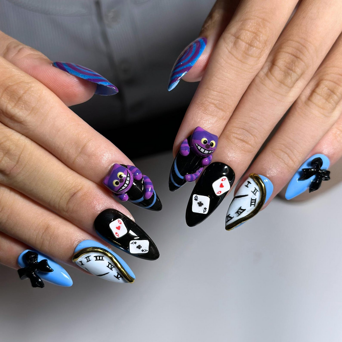 Wonderland Press On Nails with Purple Cat Art , Playing Card & Clock Nails , Whimsical Fantasy Nail Set| OB538WA