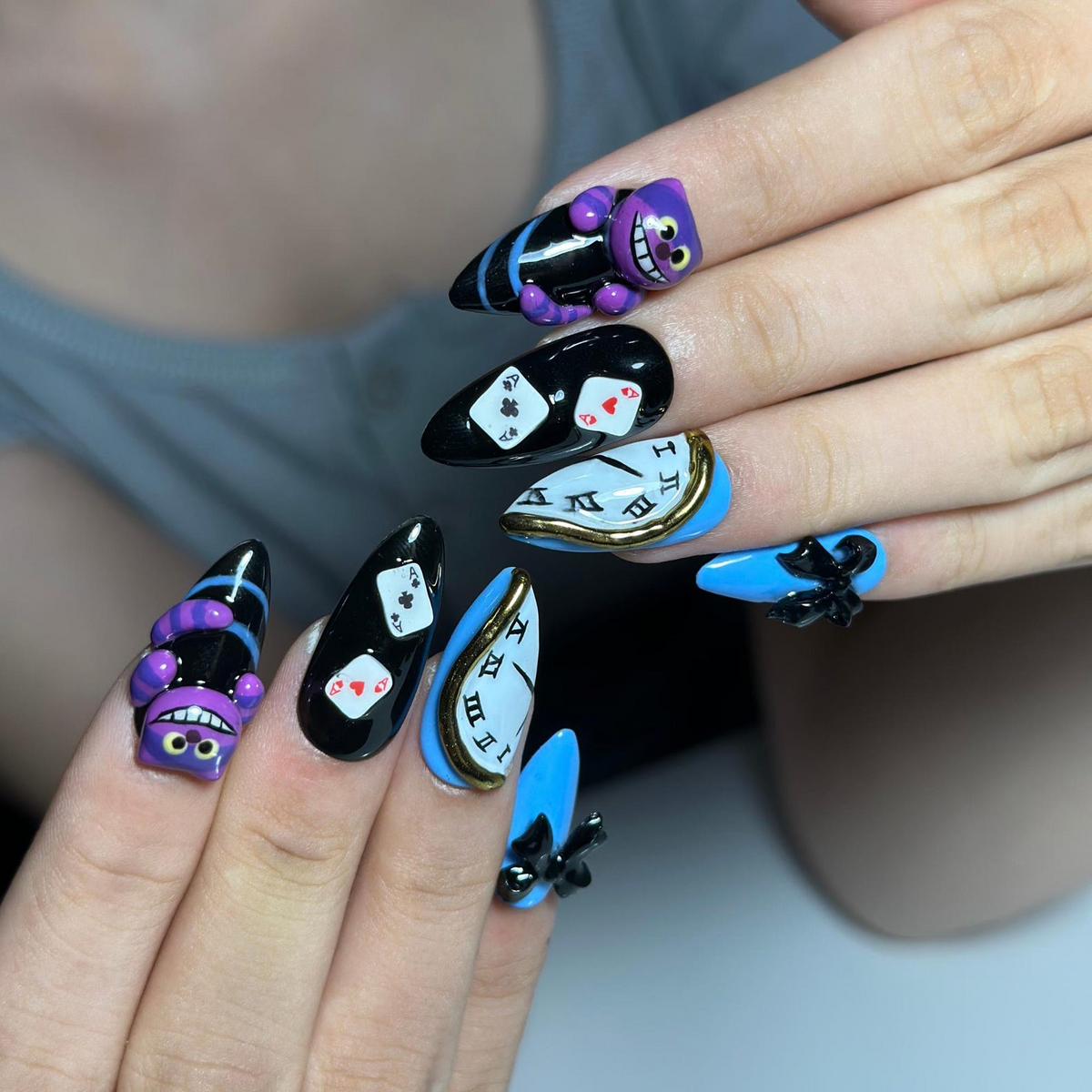 Wonderland Press On Nails with Purple Cat Art , Playing Card & Clock Nails , Whimsical Fantasy Nail Set| OB538WA