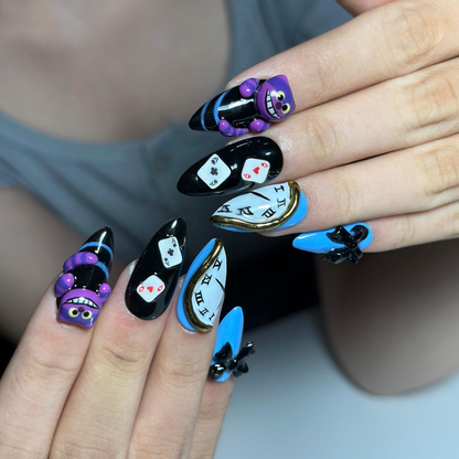 Wonderland Press On Nails with Purple Cat Art , Playing Card & Clock Nails , Whimsical Fantasy Nail Set| OB538WA
