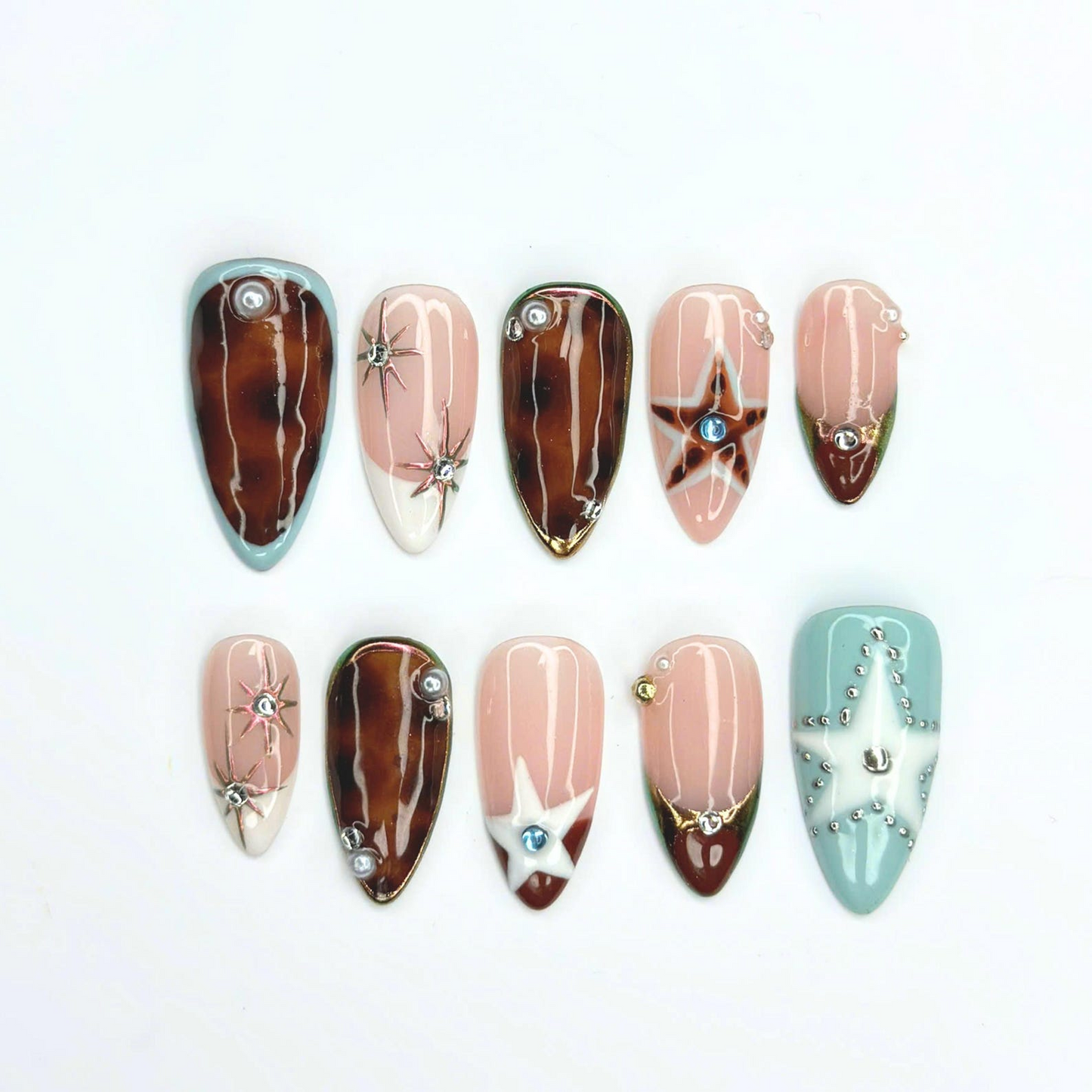 Y2K Press On Nails with Chrome Star Design | Brown Blue Rhinestone Nail Art | Retro Futuristic Handmade Nailst | OB522UC