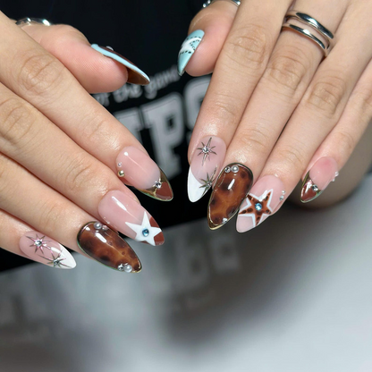 Y2K Press On Nails with Chrome Star Design | Brown Blue Rhinestone Nail Art | Retro Futuristic Handmade Nailst | OB522UC