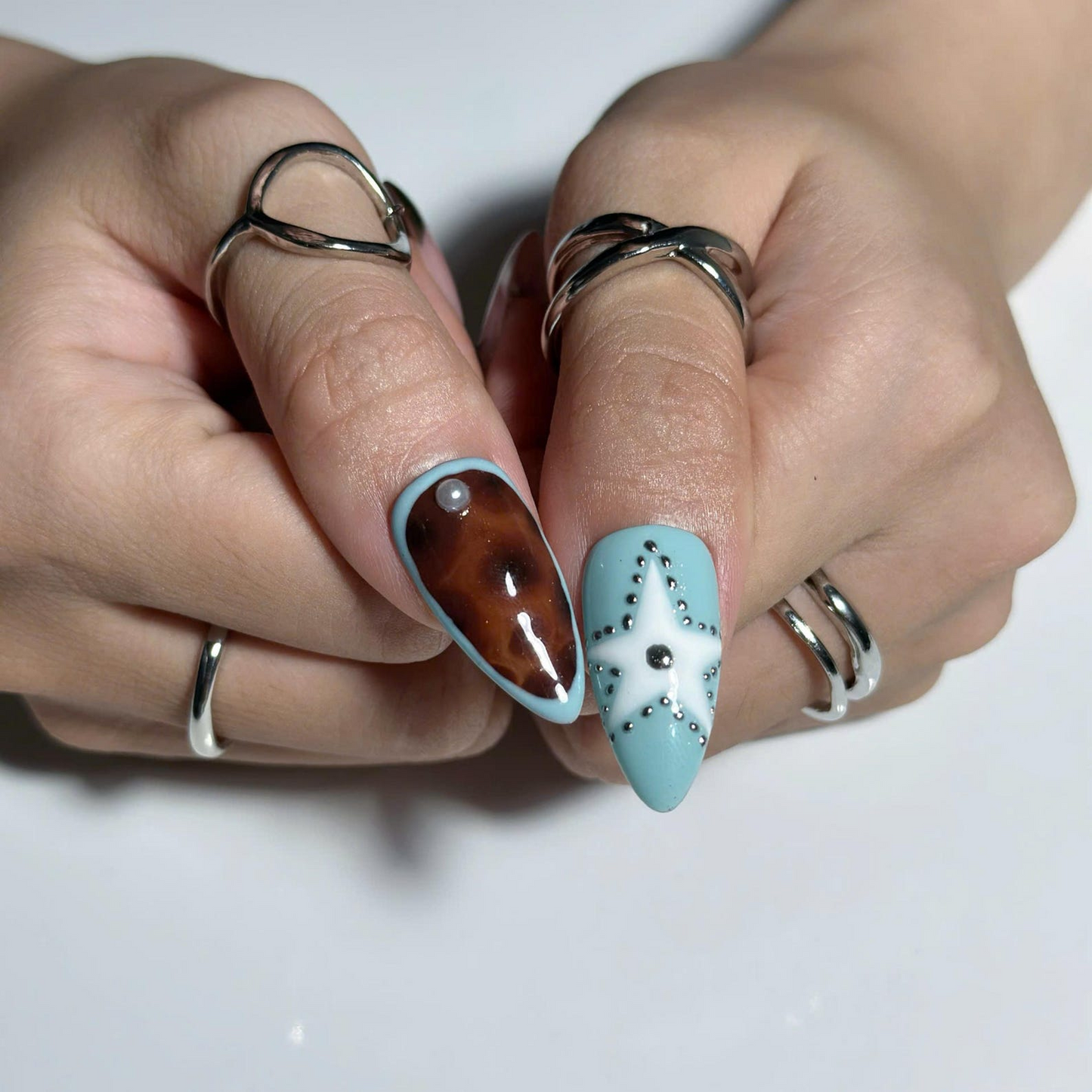 Y2K Press On Nails with Chrome Star Design | Brown Blue Rhinestone Nail Art | Retro Futuristic Handmade Nailst | OB522UC