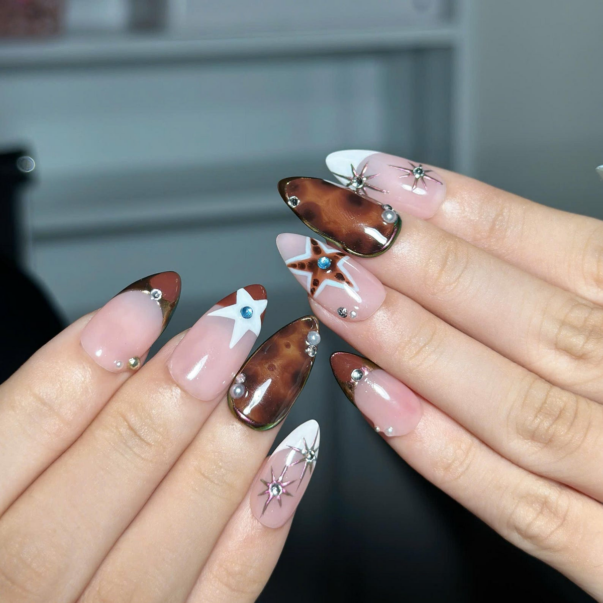 Y2K Press On Nails with Chrome Star Design | Brown Blue Rhinestone Nail Art | Retro Futuristic Handmade Nailst | OB522UC