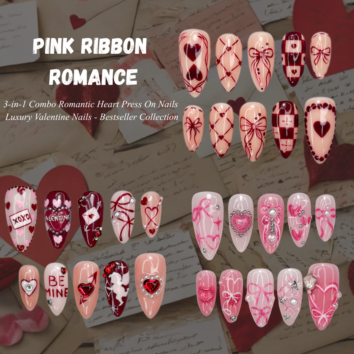 Combo Pink Ribbon Romance Press On Nails 3D Heart Bow Love Letter Nail Art Handmade Valentine Nail Set | DB15L