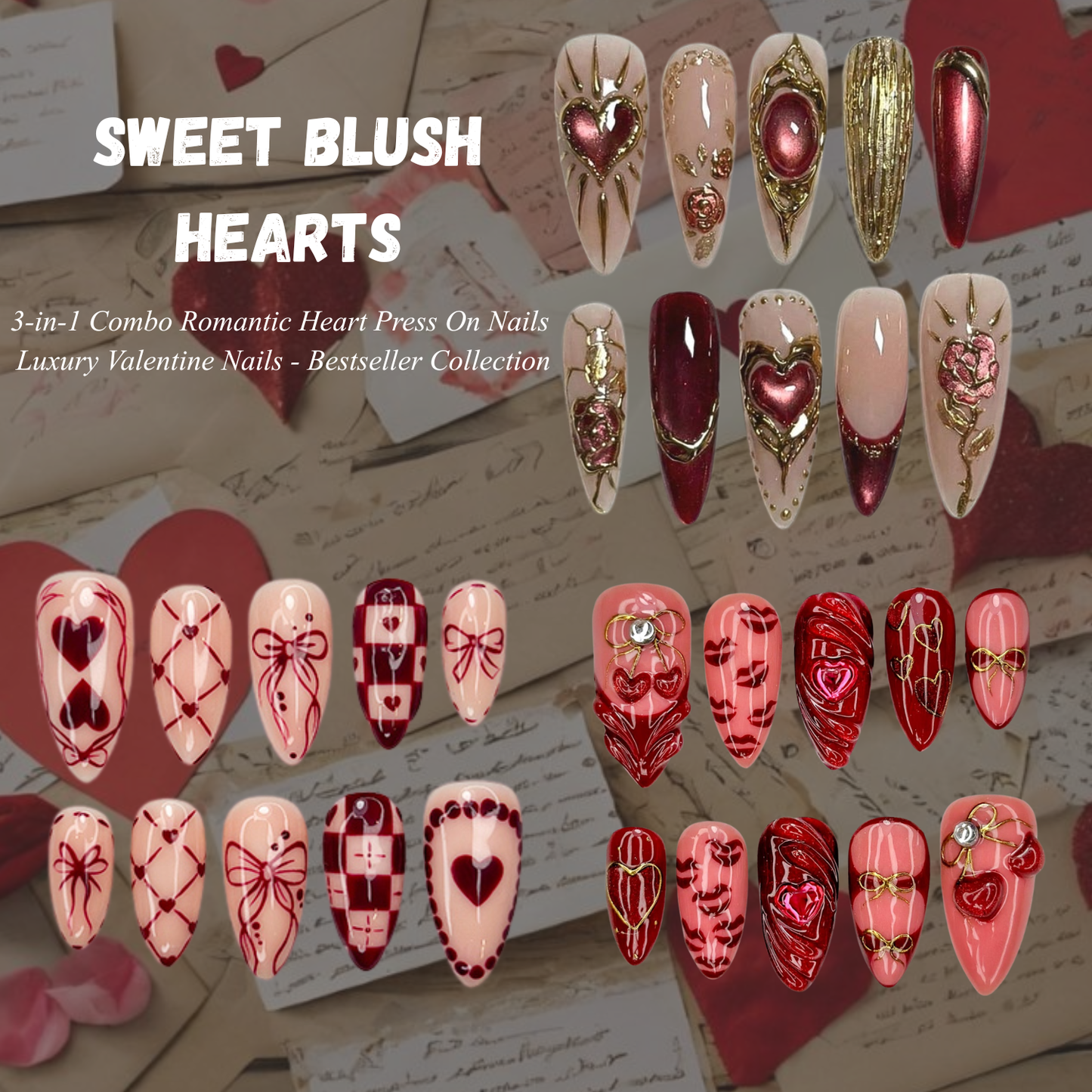 Combo Sweet Blush Hearts Press On Nails 3D Heart Gold Accent Nail Art Handmade Valentine Nail Set | DB16L