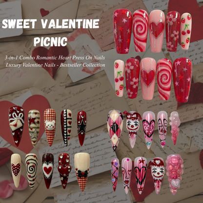 Combo Sweet Valentine Picnic Press On Nails 3D Heart Candy Cherry Nail Art Handmade Valentine Nail Set DB17L