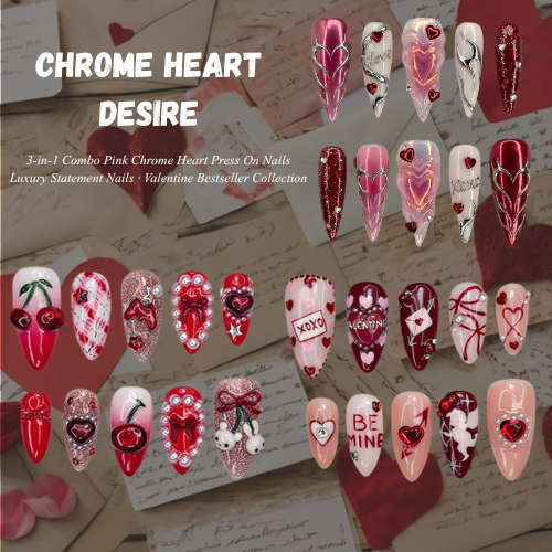 Combo Chrome Heart Desire Press On Nails 3D Pink Chrome Heart Nail Art Handmade Valentine Nail Set DB18L