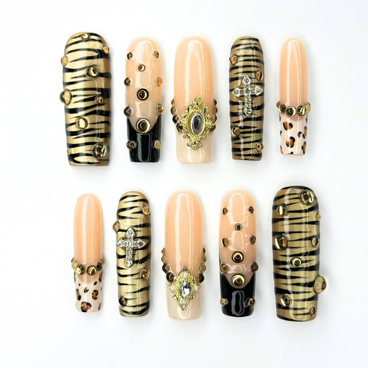 Gold Tiger Stripe and Leopard Print Press On Nails | 3D Rhinestone Jewelry Charms | Nude Black Animal Print | Long Square Nails | OB1469UI