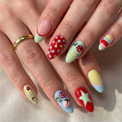 Press On Nails Adhesive Tabs with Colorful Pastel Dot & Star Art Design, Handmade Long Playful Fake Nails for Dopamine Aesthetic or Kawaii Statement Look
