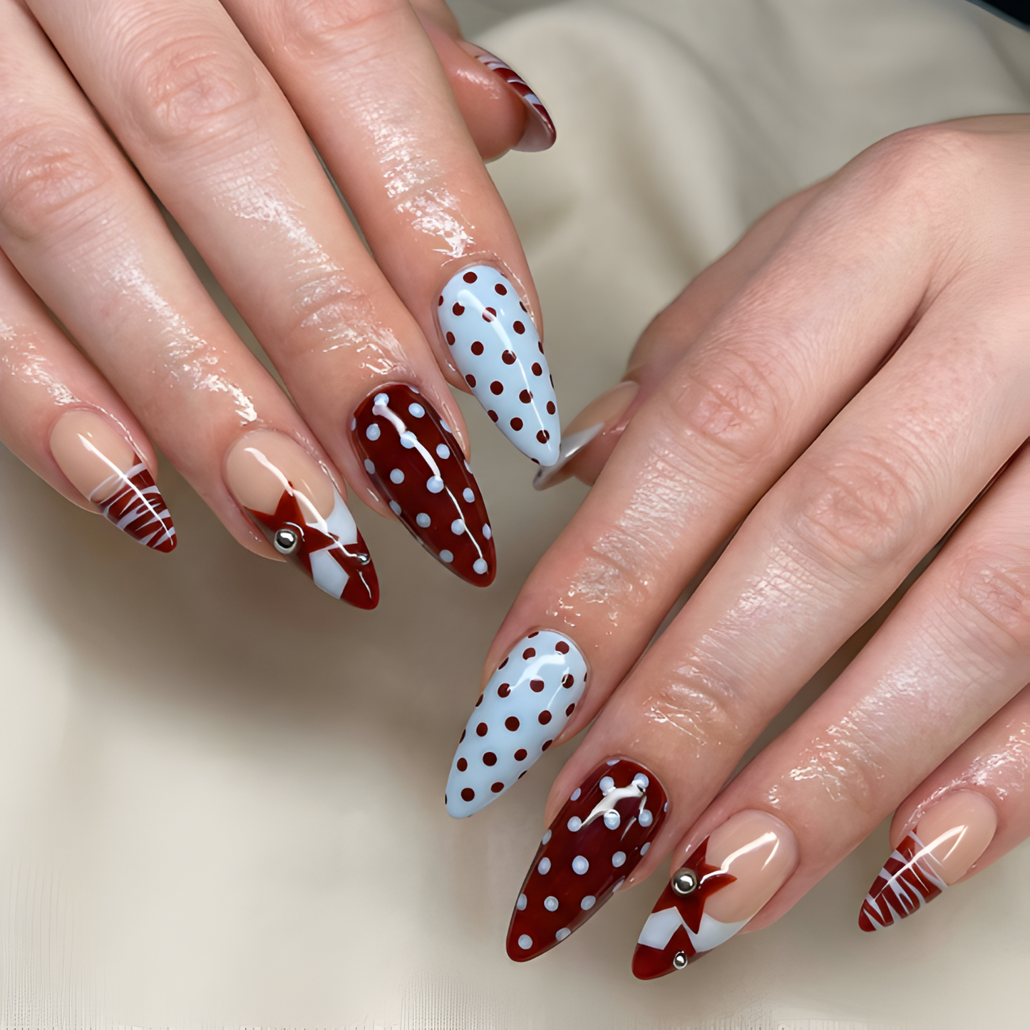 Nail Tabs for Press On Nails – Nude Brown Blue Polka Dot French Tip Cute Nails