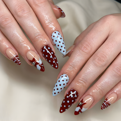 Nail Tabs for Press On Nails – Nude Brown Blue Polka Dot French Tip Cute Nails