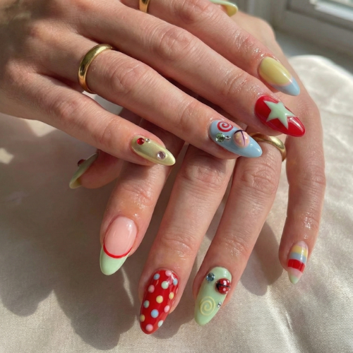 Press On Nails Adhesive Tabs with Colorful Pastel Dot & Star Art Design, Handmade Long Playful Fake Nails for Dopamine Aesthetic or Kawaii Statement Look