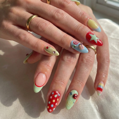 Press On Nails Adhesive Tabs with Colorful Pastel Dot & Star Art Design, Handmade Long Playful Fake Nails for Dopamine Aesthetic or Kawaii Statement Look