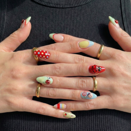 Press On Nails Adhesive Tabs with Colorful Pastel Dot & Star Art Design, Handmade Long Playful Fake Nails for Dopamine Aesthetic or Kawaii Statement Look