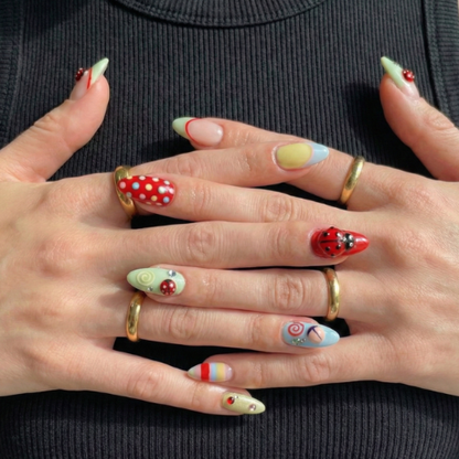 Press On Nails Adhesive Tabs with Colorful Pastel Dot & Star Art Design, Handmade Long Playful Fake Nails for Dopamine Aesthetic or Kawaii Statement Look