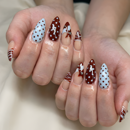 Nail Tabs for Press On Nails – Nude Brown Blue Polka Dot French Tip Cute Nails