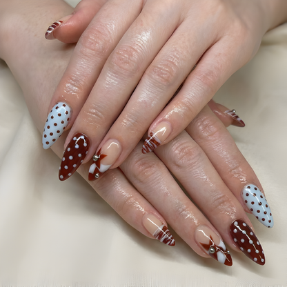 Nail Tabs for Press On Nails – Nude Brown Blue Polka Dot French Tip Cute Nails