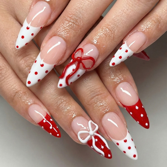 Press On Nails Adhesive Tabs with Red & White Polka Dot French Tip and 3D Bow Design, Handmade Long Stiletto Fake Nails for Valentine Look or Coquette Aesthetic Nails