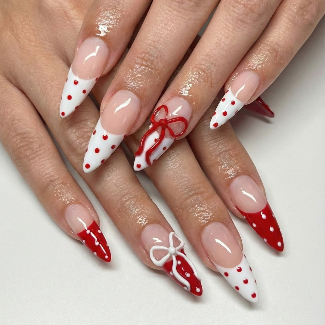 Press On Nails Adhesive Tabs with Red & White Polka Dot French Tip and 3D Bow Design, Handmade Long Stiletto Fake Nails for Valentine Look or Coquette Aesthetic Nails