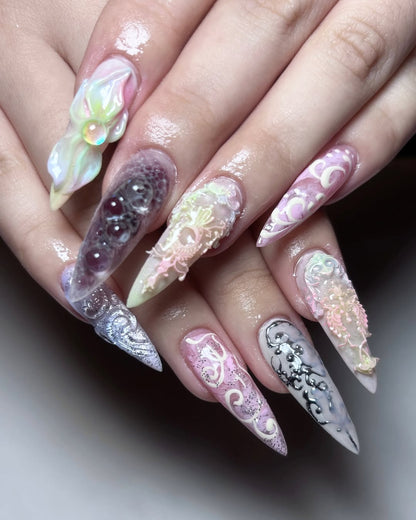 By zaddybigclaws | 3D Pastel Aura Press On Nails | Rococo Inspired Hand-Painted Nails | Magical Girl Aesthetic Custom Nail Art | OA01LZ
