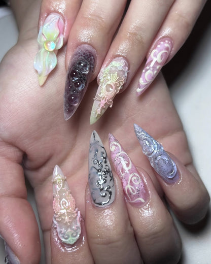 By zaddybigclaws | 3D Pastel Aura Press On Nails | Rococo Inspired Hand-Painted Nails | Magical Girl Aesthetic Custom Nail Art | OA01LZ