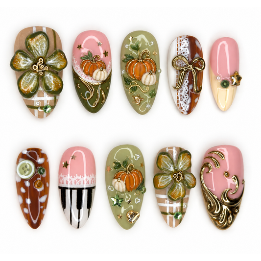 Autumn Pumpkin Press On Nails with 3D Flowers | Olive Green Pink Fall Fake Nails | Handmade Cozy Nail Art for Thanksgiving & Gift | OB667L
